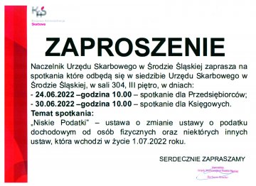 Naczelnik Urzędu Skarbowego w Środzie Śląskiej zaprasza na spotkanie pt. "Niskie Podatki"