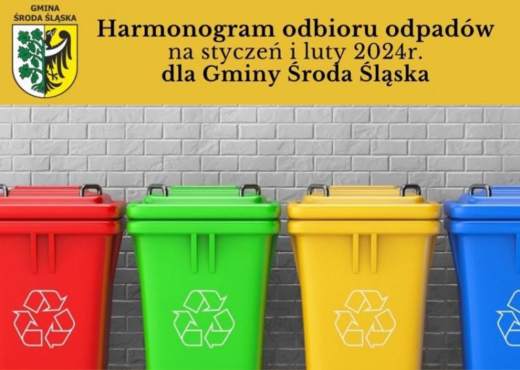 Harmonogram odbioru odpadów na styczeń i luty 2024 r. dla Gminy Środa Śląska