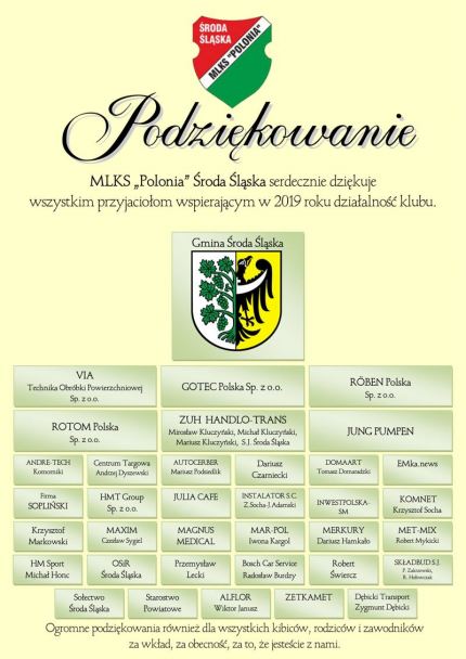Podziękowanie od MLKS „Polonia” Środa Śląska
