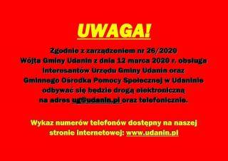 Informacja ws. obsług interesantów Urzędu Gminy oraz GOPS w Udaninie