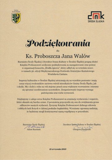 Podziękowania dla Ks. Proboszcza Jana Walów