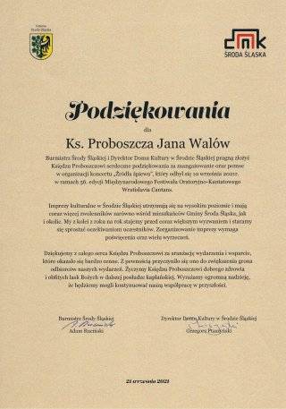 Podziękowania dla Ks. Proboszcza Jana Walów