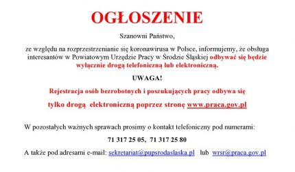 Informacja dot. obsług interesantów w Powiatowym Urzędzie Pracy