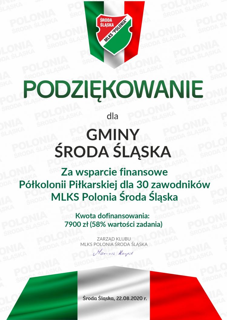 Podziękowanie dla gminy Środa Śląska