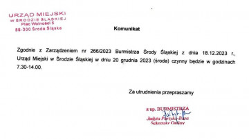 Komunikat Urzędu Miejskiego w Środzie Śląskiej