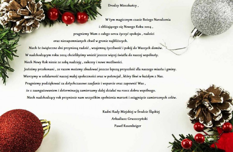 Wesołych Świąt i Szczęśliwego Nowego Roku życzą radni - Arkadiusz Gruszczyński i Paweł Rosenbeiger