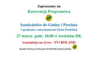 Zaproszenie na Konwencję Programową kandydatów na Burmistrza Środy Śląskiej i do Rady Miejskiej oraz Rady Powiatu