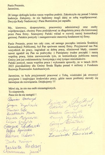 Podziękowania dla dr inż. Jaromira Stawireja - byłego Prezesa Średzkiej Komunikacji Publicznej Sp. z o. o.