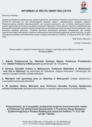 INFORMACJA wójta gminy Malczyce ws. funkcjonowania gminnych placówek