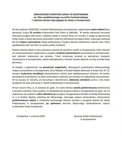 Oświadczenie dyrektora szkoły w Szczepanowie