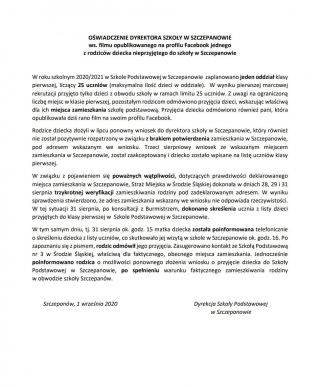Oświadczenie dyrektora szkoły w Szczepanowie