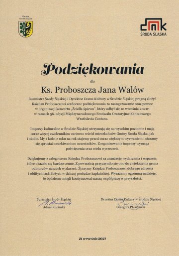 Komunikat UM Środa Śląska dot. podziękowań dla ks. proboszcza Jana Walów