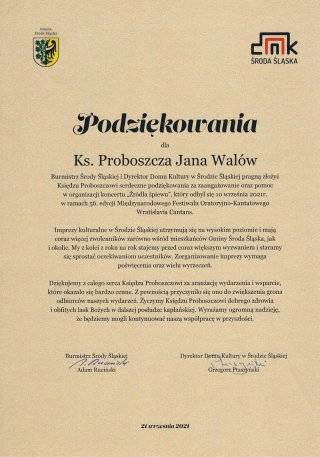Komunikat UM Środa Śląska dot. podziękowań dla ks. proboszcza Jana Walów