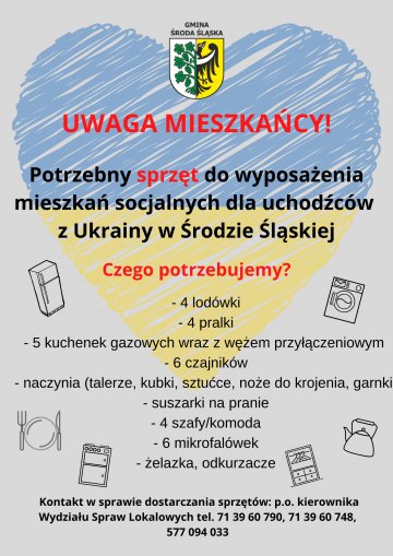 Potrzebny sprzęt do wyposażenia mieszkań socjalnych dla uchodźców z Ukrainy w Środzie Śląskiej