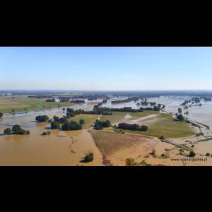Aerial view of flooded fields and trees, showcasing extensive water coverage under a clear blue sky.