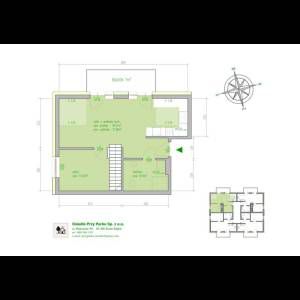 Floor plan of a house showing rooms, dimensions, and a balcony, with a compass rose and company logo.
