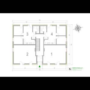 This is a floor plan of a building with four rooms numbered 1-4, featuring a central staircase and dimensions.