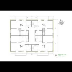 Floor plan of a building featuring four units with labeled rooms and staircases, including a compass rose.
