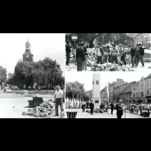Historical black-and-white scenes showing construction, gatherings, and a memorial in a town square.