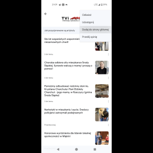 The image shows a mobile screen with news articles in Polish, including various community and social topics.