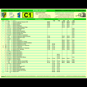 Rozkład jazdy autobusów jednej z wielu linii kursujących w Średzka Komunikacja Publiczna w Środzie Śląskiej (tu linia C1 na dzień 13.01.2025)