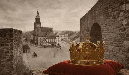 Ilustracja przedstawiająca koronę oraz mur obronny na tle ratusza ze starej pocztówki