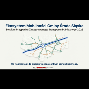 Ilustracja zintegrowany systemu transportu publicznego w Środzie Śląskiej, koncentrująca się na ekosystemie mobilności.