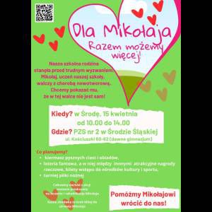 A fundraiser for Mikołaj, a student battling cancer, featuring food, raffles, and sports on April 15th.
