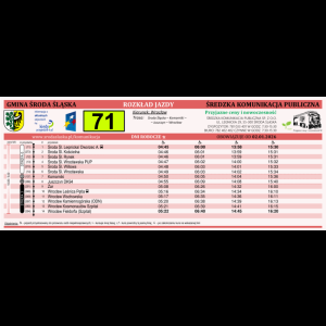Rozkład jazdy autobusów jednej z wielu linii kursujących w Średzka Komunikacja Publiczna w Środzie Śląskiej (tu linia 71 na dzień 13.01.2025)