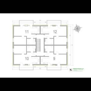 Architectural floor plan of a building with rooms numbered 9 to 12, featuring a central staircase.