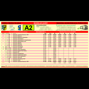 Rozkład jazdy autobusów jednej z wielu linii kursujących w Średzka Komunikacja Publiczna w Środzie Śląskiej (tu linia A2 na dzień 13.01.2025)