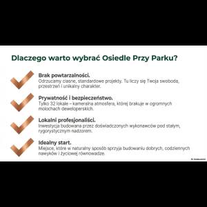 Reasons to choose Osiedle Przy Parku: uniqueness, safety, local professionalism, and ideal living conditions.