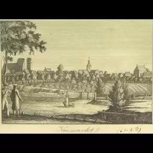 A vintage landscape featuring a village, people walking, trees, and buildings in a serene rural setting.