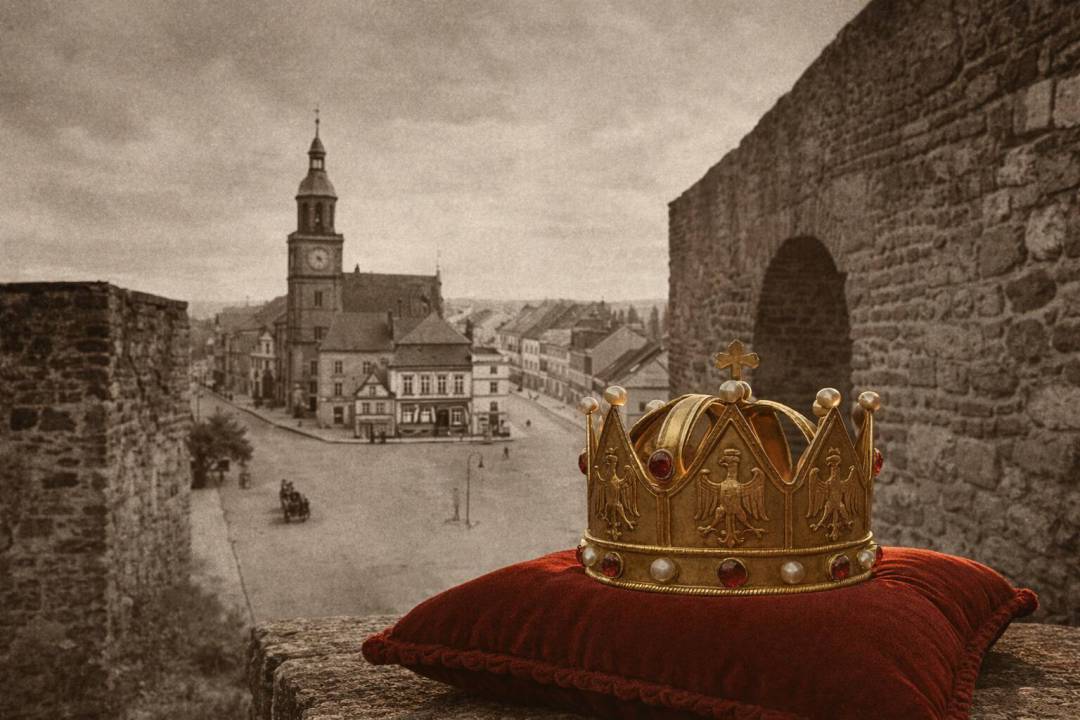 Ilustracja przedstawiająca koronę oraz mur obronny na tle ratusza ze starej pocztówki