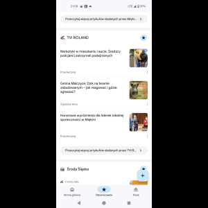News feed displaying articles about drug arrests, wild boar safety, and community leader honors in Miękinia.