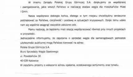 Zarząd PGG  dziękuje średzkiej gminie za współpracę przy zakupie węgla