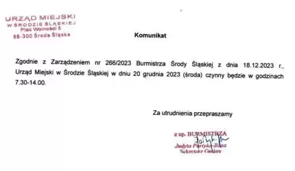 Komunikat Urzędu Miejskiego w Środzie Śląskiej