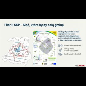 Plan przedstawia sieć komunikacyjną, łączącą gminę w zakresie transportu, usług i edukacji.