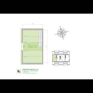 Architectural layout of a building featuring rooms, dimensions, and a compass rose for orientation.