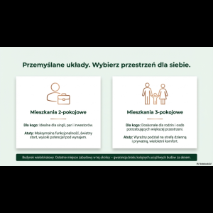 The image presents options for 2-room and 3-room apartments, highlighting their target audiences and advantages.