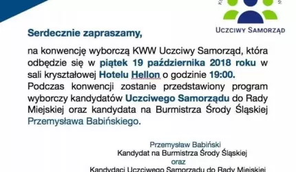 Zaproszenie na konwencję wyborczą KWW Uczciwy Samorząd