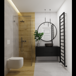 Modern bathroom with wooden accents, a glass shower, stylish mirror, and sleek black fixtures. Bright and airy design.