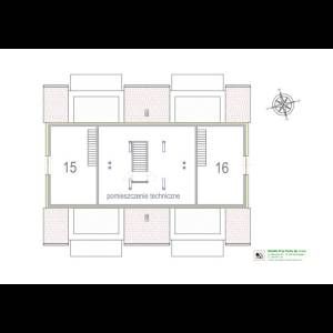 A floor plan showing two rooms labeled 15 and 16, with stairs and technical space in the center.