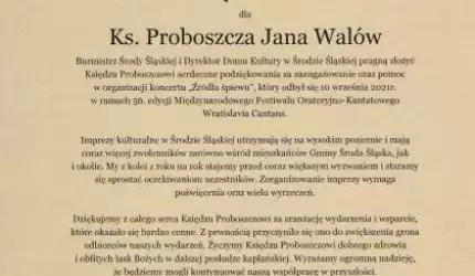 Podziękowania dla Ks. Proboszcza Jana Walów