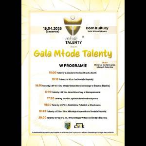 Event poster for "Gala Młode Talenty" on April 16, 2026, showcasing talent performances at Dom Kultury.