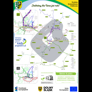 Mapa tras transportu publicznego w Środzie Śląskiej, przedstawiająca różne trasy i informacje o okolicy.