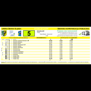 Rozkład jazdy autobusów jednej z wielu linii kursujących w Średzka Komunikacja Publiczna w Środzie Śląskiej (tu linia 5 na dzień 13.01.2025)