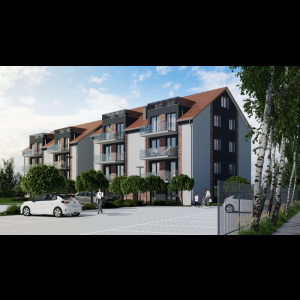 Modern apartment building with balconies, green trees, and parking, set under a blue sky. Families walk nearby.