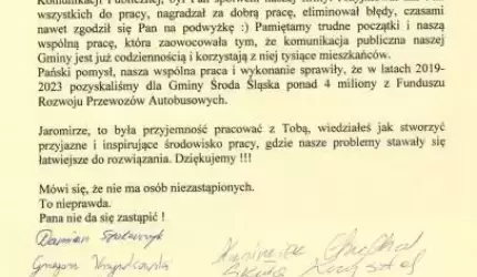 Podziękowania dla dr inż. Jaromira Stawireja - byłego Prezesa Średzkiej Komunikacji Publicznej Sp. z o. o.
