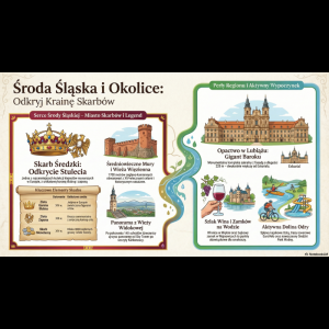 Map of Silesia highlighting historical treasures and tourist attractions in the region, featuring legends and landmarks.